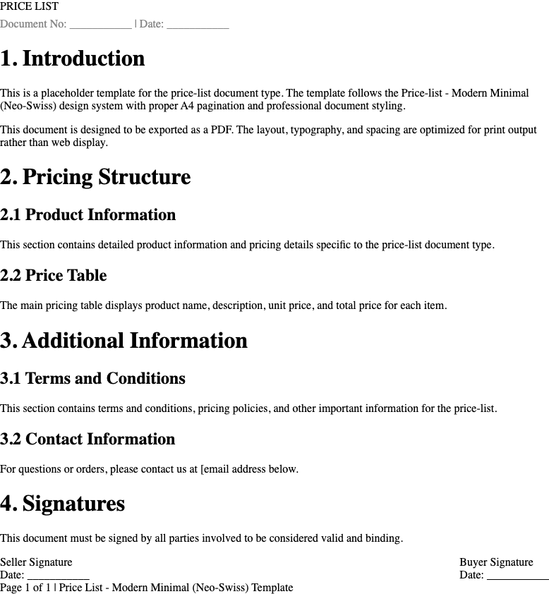 Modern Minimal (Neo Swiss) price list Template